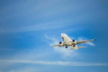 Fototapeta na wymiar airplane landing on a sunny day and beautiful sky