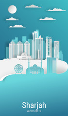 Naklejka premium Styl cięcia papieru Sharjah City, biały kolor papieru, ilustracji wektorowych. Pejzaż miejski ze wszystkimi słynnymi budynkami. Skyline Sharjah pionowa kompozycja miasta do projektowania.