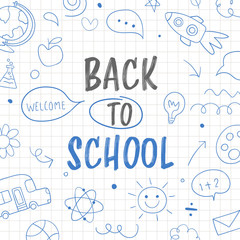 Draw blue objects and icon For back to school,print poster.