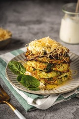 zucchini fritters, close-up, delicious vegetarian food