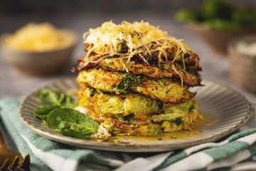 zucchini fritters, close-up, delicious vegetarian food