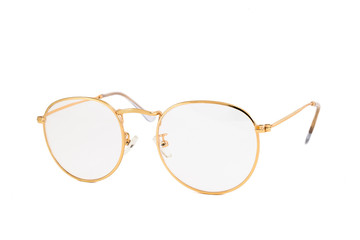 Street style reading glasses with clear lens and gold wrap around oval frames, isolated on white background, side view.