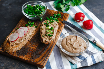 Fresh homemade chicken liver pate with herbs. Bread bruschetta with liver pate with onion, cucumber and radish. Top view, side view on a dark background. space for text.