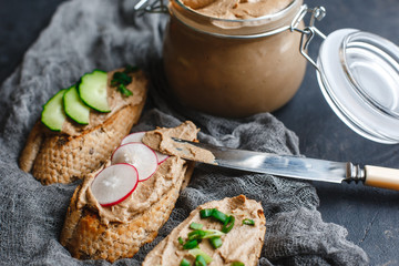 Fresh homemade chicken liver pate with herbs. Bread bruschetta with liver pate with onion, cucumber and radish. Top view, side view on a dark background. space for text.