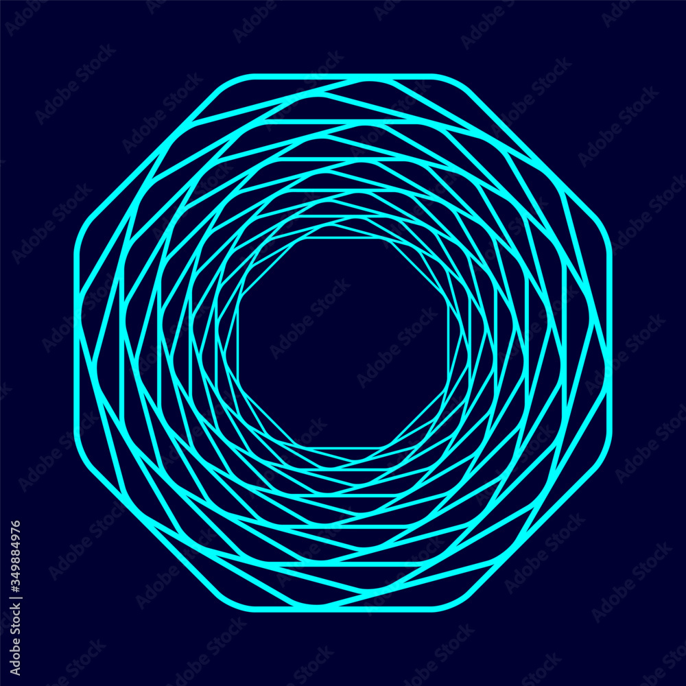 Aufkleber Colored swirling lines octagon shape. Vector twisted wireframe geometric element. Abstract symbol consisting of octagons. Technology graphic spiral.