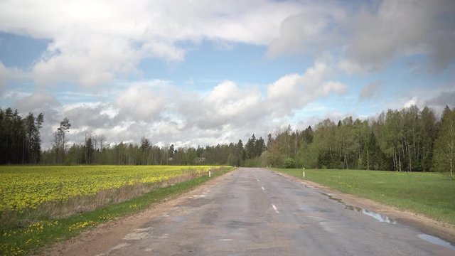 An asphalt road with a white stripe rushes to the horizon between rural fields and yellow dandelions in spring in May. It will rain soon. Latvia