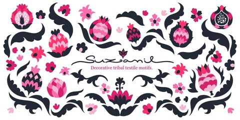 Vector folk Asian and Arabic Suzani Style embroidery Pattern set. Ancient folk embroidery ornament elements.