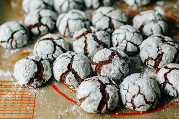 Delicious flavored chocolate marble cookies with cocoa and milk. Homemade cakes, mother's comforting sweets.