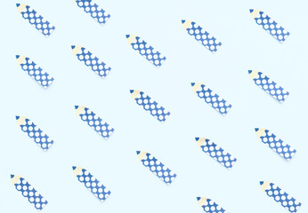 Pencil shaped paper stickers on white background. School and office supplies, stationary. Back to school concept. Flat lay style. Not boring set for work at office.