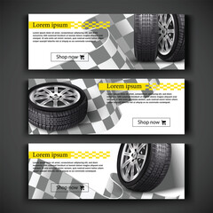 Advertisement posters for your business. Vector realistic 3d car tires illustration for your store on checkered flag background. Black rubber tire sale, protection and service flyer. - obrazy, fototapety, plakaty