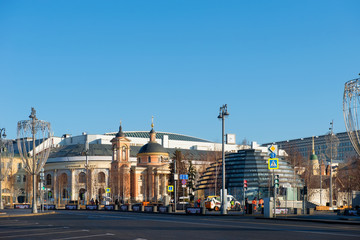 MOSCOW, RUSSIA - FEBRUARY 22, 2020: The Zaryadye Park. Varvarka Street. The Varvarinskaya Church, and Gostiny Dvor