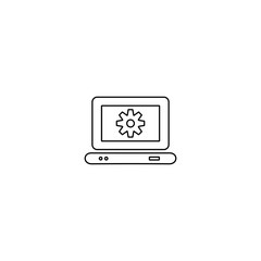 Laptop settings icon. Computer with gear sign. Line design style.