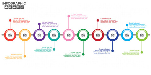 Timeline Infographic chart with many color. Vector design template. 10 options.