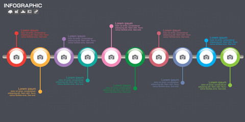 Timeline Infographic chart with many color. Vector design template. 10 options.