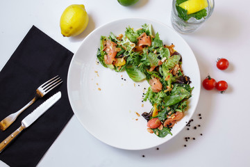 Summer light salad with fresh salmon. Light breakfast lunch for the summer with salted red fish