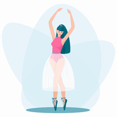 Obraz na płótnie Canvas Beautiful ballerina dancing in a delicate dress and pointe shoes. Tender girl in pink in a beautiful dance pose. Flat vector illustration. 