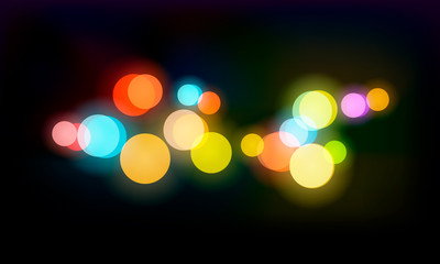 Bokeh circles on a black background, bright multicolored night lights, vector illustration