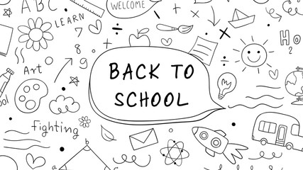 Draw banner outline of objects and icon on white.For back to school.