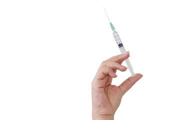 Asian human Hand with medical Syringe on white background.