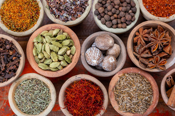 Indian spices collection, dried colorful condiment, nuts, pods and seeds and another spices in clay bowls