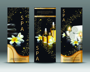 Spa composition with realistic elements spa treatments with white towel, massage and essential oils, candles and exotic flowers on black background. Vertical flyer for your spa salon.