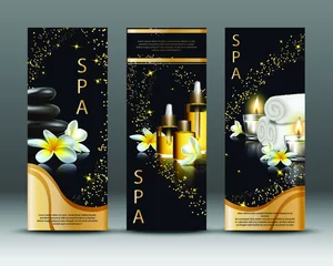 Keuken spatwand met foto Spa composition with realistic elements spa treatments with white towel, massage and essential oils, candles and exotic flowers on black background. Vertical flyer for your spa salon. © Real Vector
