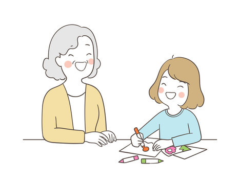 Vector happy girl draw picture with her grandmother.