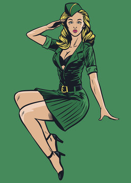 sexy military pinup girl in vintage drawing style