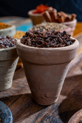 Indian spices collection, dried aromatic cloves flower buds and another spices in clay bowls