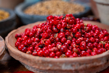 Indian spices collection, dried red peppercorns and another spices in clay bowls