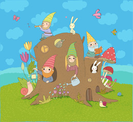 Obraz na płótnie Canvas Cute cartoon gnomes in a stump house. Magic forest elves