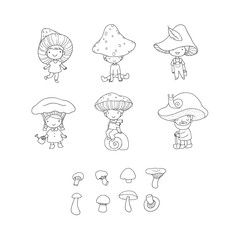 Cute cartoon gnomes mushrooms. Forest elves. Little fairies
