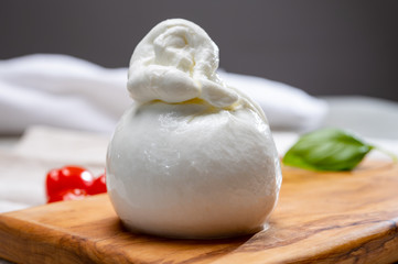 Cheese collection, fresh soft white burrata cheese ball made from mozzarella and cream from Apulia, Italy