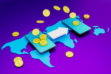 Coin exchange between smartphone on minimal earth map.3D render.
