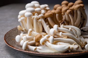 Fresh buna brown and bunapi white shimeji edible mushrooms from Asia, rich in umami tasting compounds such as guanylic and glutamic acid