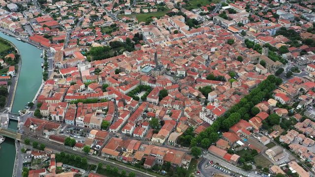 Aerial topshot of Frontignan downtown, coastal town of the south of France