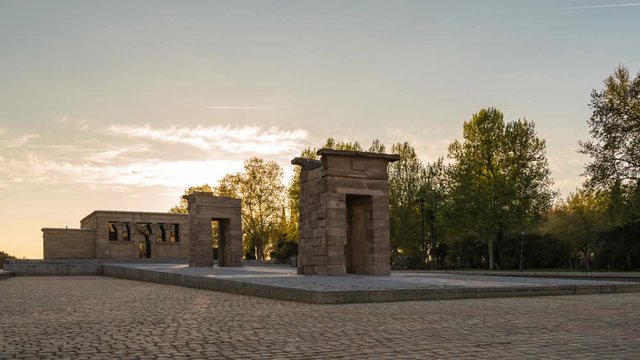 Madrid Spain time lapse 4K, city skyline sunset timelapse at Temple of Debod nobody empty due to Coronavirus Covid-19 lockdown