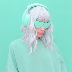 Vanilla Dj Blonde Girl. Monochrome Party style. Fresh aesthetic mint colours. Listen to light music