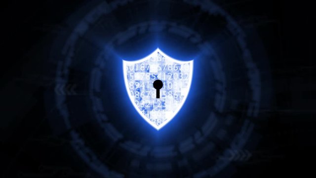 A blue security shield and firewall motion graphic on circle blue background, The security system for computer and network concept.