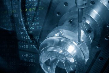 The abstract scene of 5 axis CNC milling machine cutting the automotive parts with solid ball endmill tools. The hi-technology automotive part manufacturing process by 5 axis machining center.