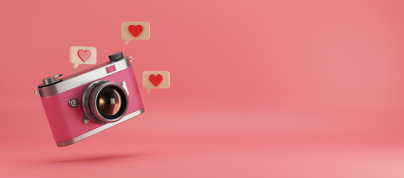 pink camera on a pink background. 3d rendering.