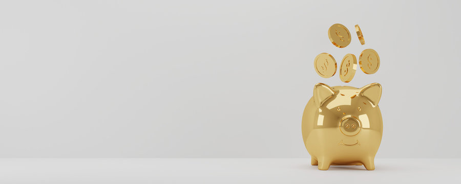 golden pink piggy bank with coins isolated on white background. 3d rendering. 