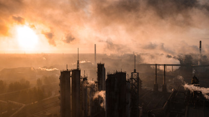 industry metallurgical plant dawn smoke smog emissions bad ecology aerial photography