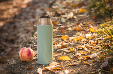Fototapeta premium open candleand ripe apple on the background of a road strewn with autumn leaves
