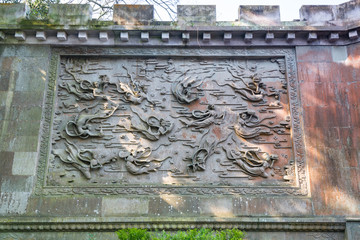 Bas-relief of goddess on the wall of temple at Mount Luojia, which lies in the Lotus Sea to the southeast of Putuo Mountain, Zhoushan, Zhejiang, the place where Bodhisattva Guanyin practiced Buddhism