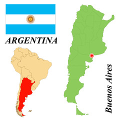 Argentine Republic. The Capital Is Buenos Aires. Flag Of Argentina. Map of the continent of South America with country borders. Vector graphics.