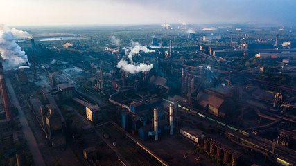 industry metallurgical plant dawn smoke smog emissions bad ecology aerial photography