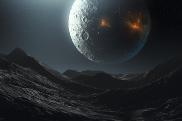 science fiction futuristic space landscape, alien planet and cities on moon, 3d illustration © andreiuc88