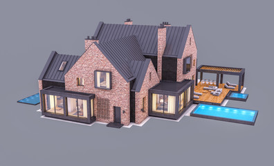 3d rendering of modern cozy clinker house on the ponds with garage and pool for sale or rent in evening with cozy light from window. Isolated on gray