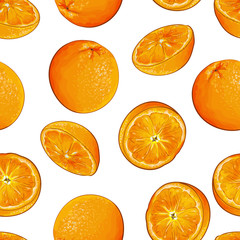 Seamless pattern with oranges fruit on white background. Bright tropical fruits for wrapping paper, kitchen design. Vector stock illustration.